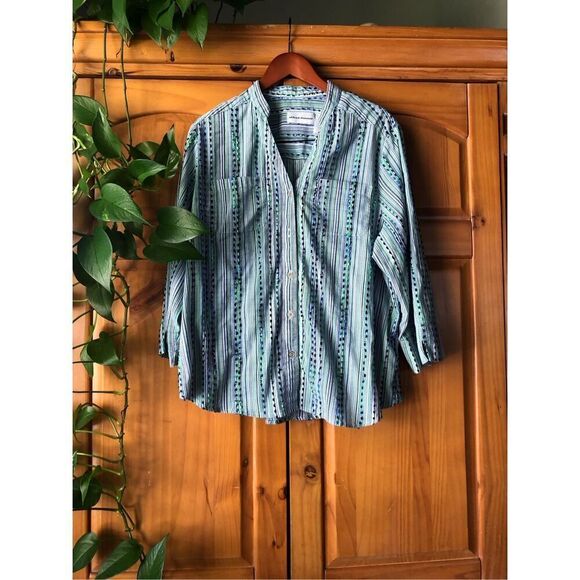 Alfred Dunner Button Up Blouse Green Striped Sz 18 - Picture 2 of 8